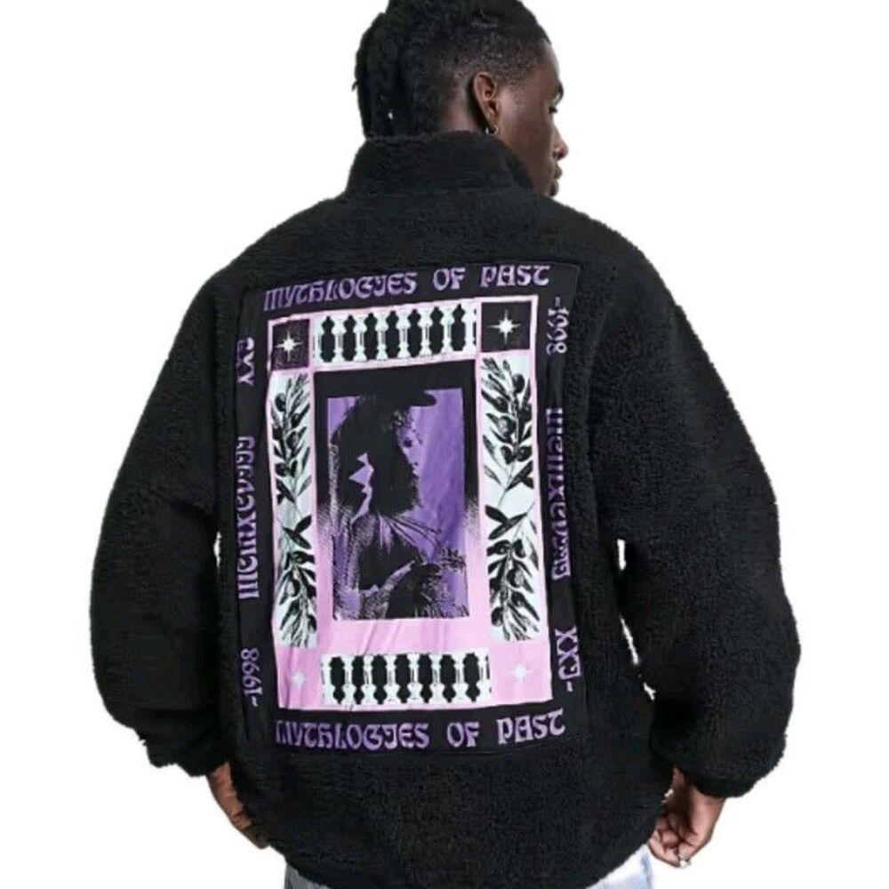 ASOS Design Black Teddy Fleece Half Zip Pullover Sweatshirt Mythologies Sz S EUC